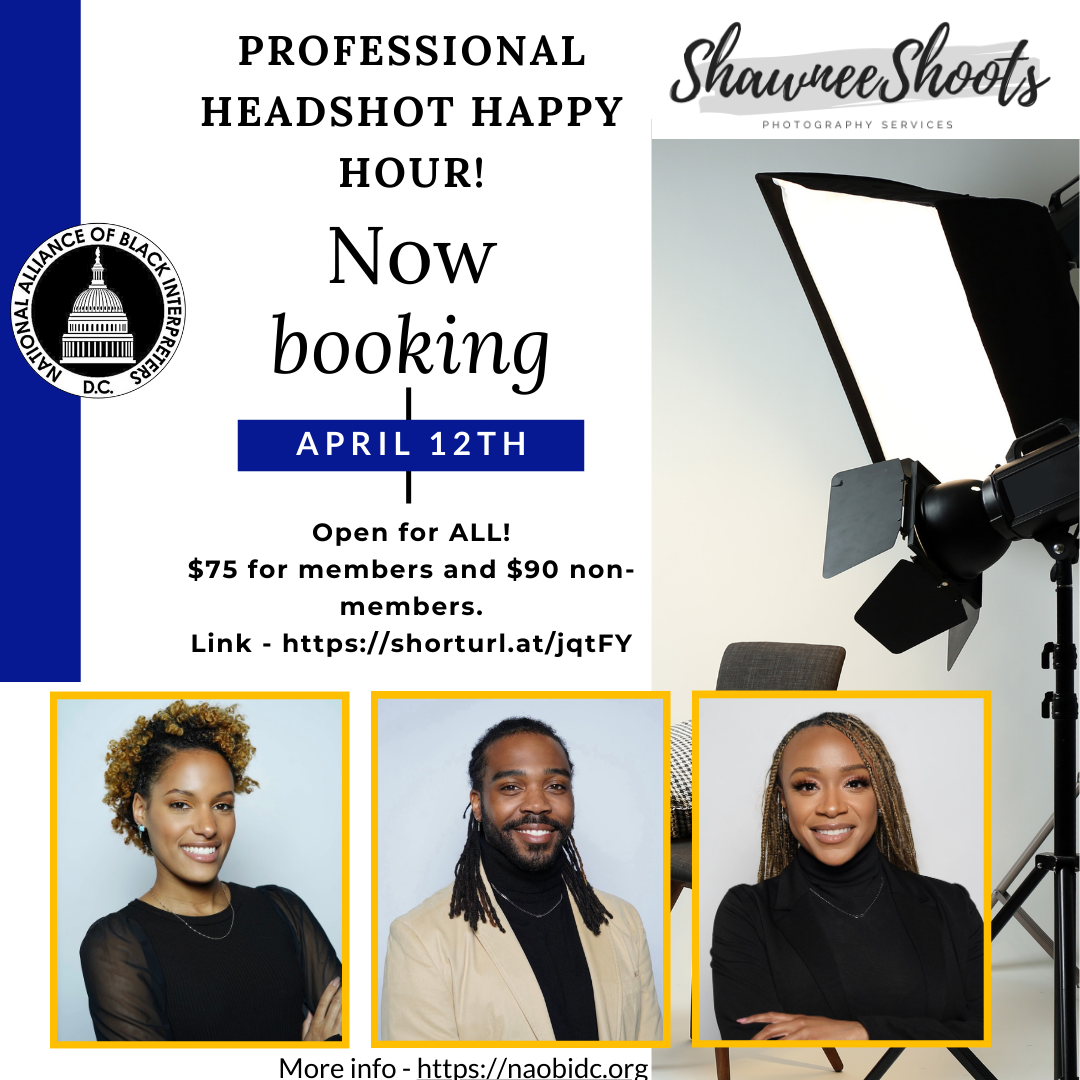 White background with a blue strip on the right with NAOBI-DC logo at center left. Top right logo reads “ShawneeShoots Photography Services” with image of camera equipment below. Center text reads:”Professional Headshot Happy Hour Now Booking April 12th! Open for ALL! $75 for members and $95 for non-members. Link - https://shorturl.at/jqtFY” Images below include headshots of Kenya (Secretary), Matthew (Liaison),  and Tierra (President) More info - https://naobidc.org