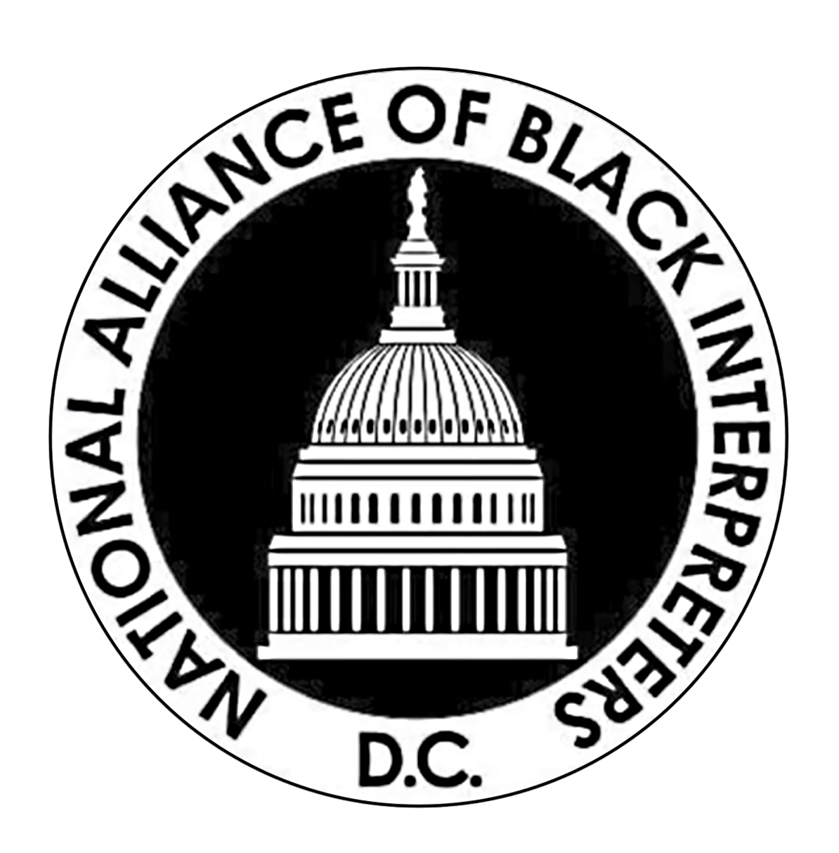 NAOBI-DC Logo: A thin white circular boarder with black text “National Alliance of Black Interpreters D.C.”. Inside the white circle is a black one overlayed with a white print of The United States Capitol building.