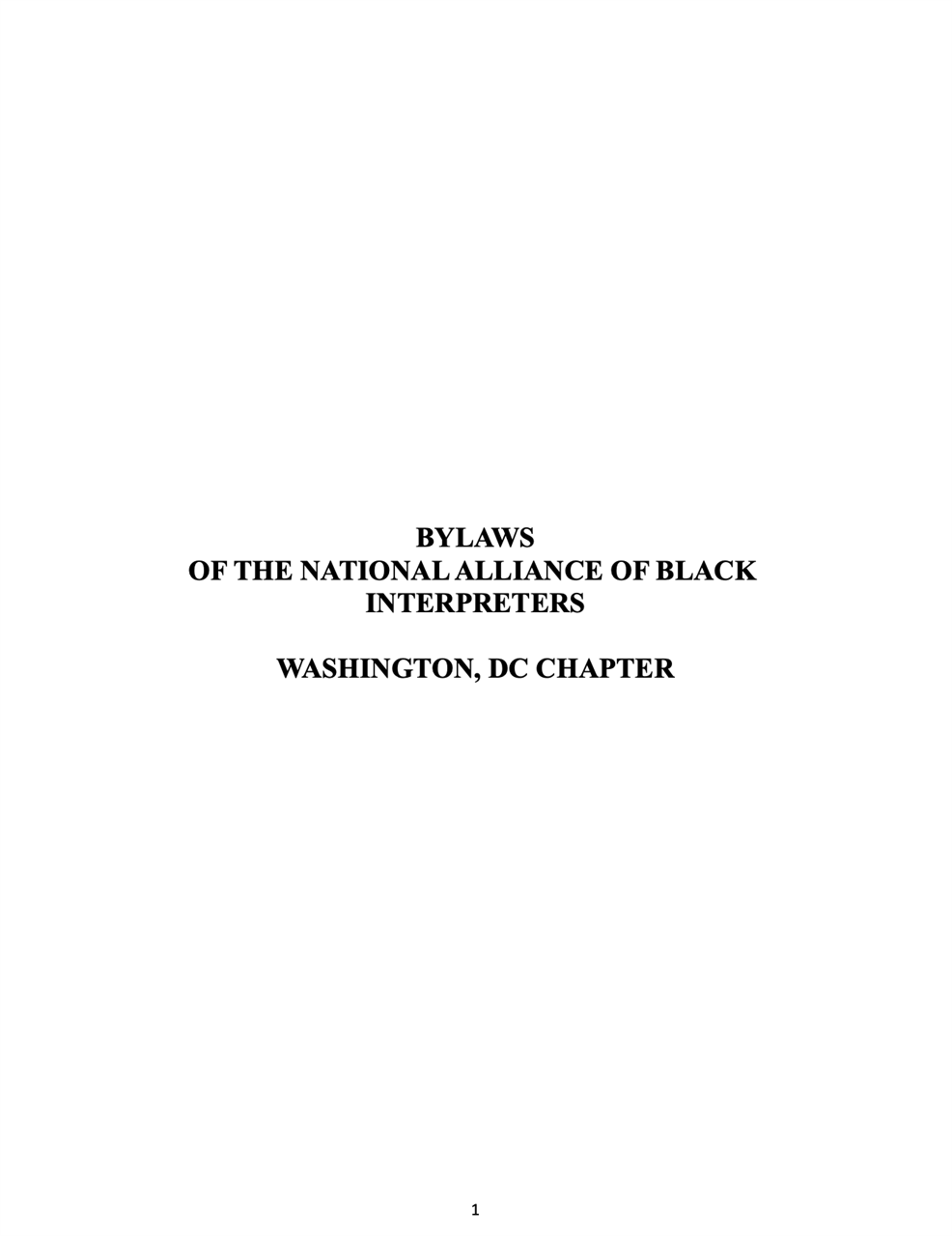 Screenshot of an 8x11 white document with black text that reads, “Bylaws of the National Alliance of Black Interpreters- Washington, DC Chapter.”
